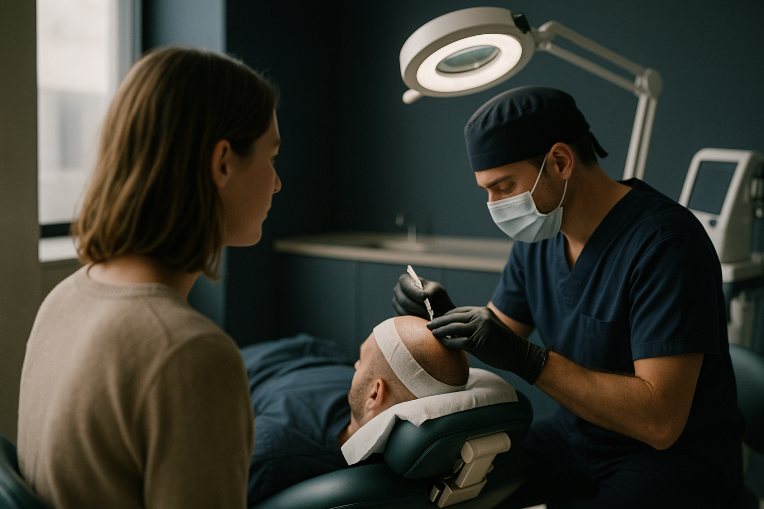 FUE hair replacement procedure in a modern clinic setting.