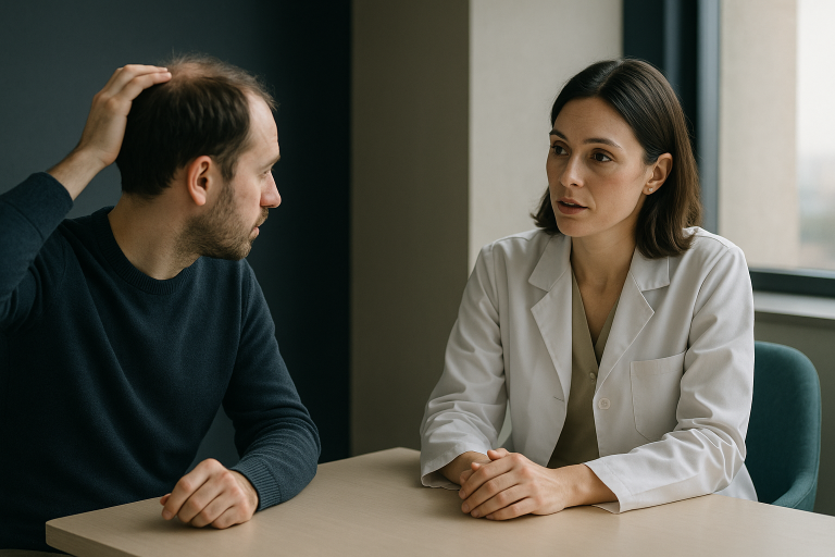 Patient discussing FUE hair transplant options in Turkey with a doctor.