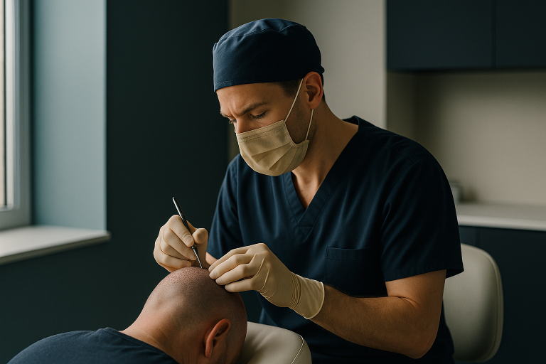 A FUE hair transplant procedure in Turkey being performed by a skilled surgeon.