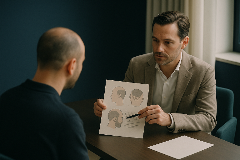 Doctor explaining FUE transplant cost and procedure details to a patient.