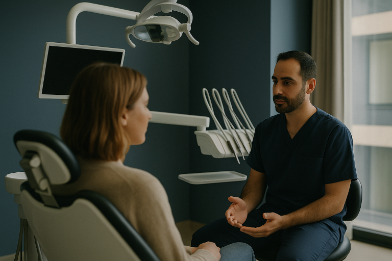 A dentist in a Turkish clinic discussing full mouth dental implants with an international patient.