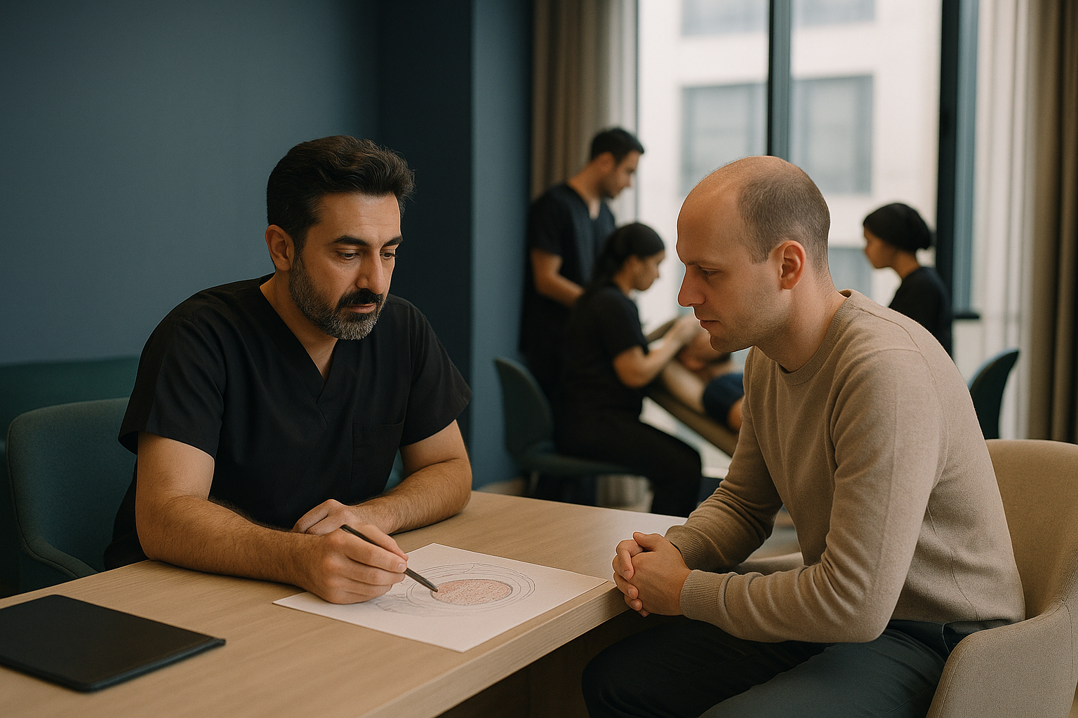 Hair graft Turkey: Surgeon consulting with a patient in an Istanbul clinic.