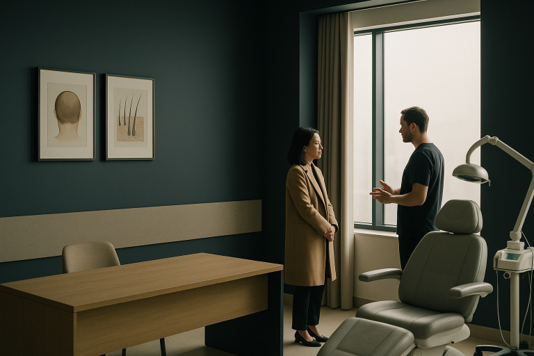 Consultation room in a hair transplant clinic featuring hair restoration equipment.