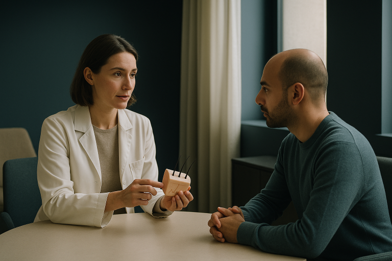 Doctor explaining hair implants price and procedure to a patient in a clinic.