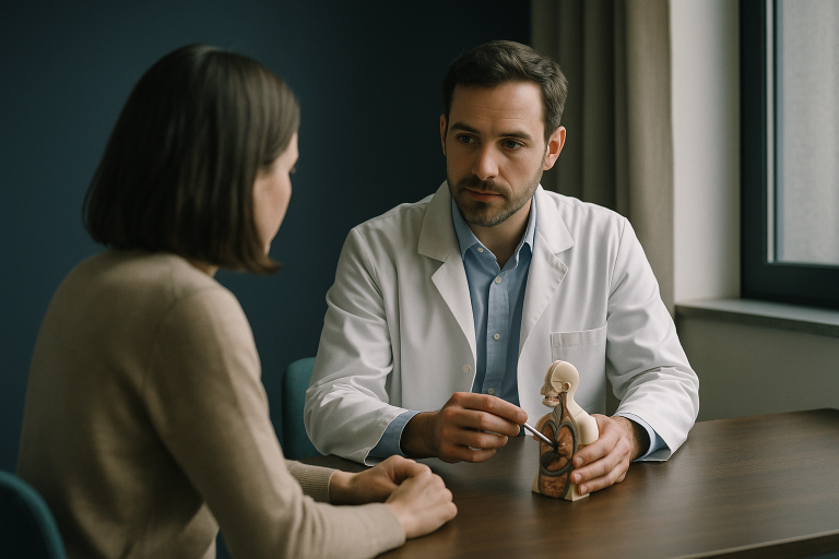 Doctor explaining hair implants price to a patient using a diagram.