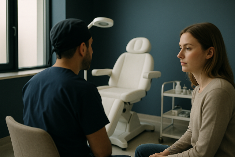 Modern hair transplant clinic in Turkey with medical staff and equipment for hair replacement for men.