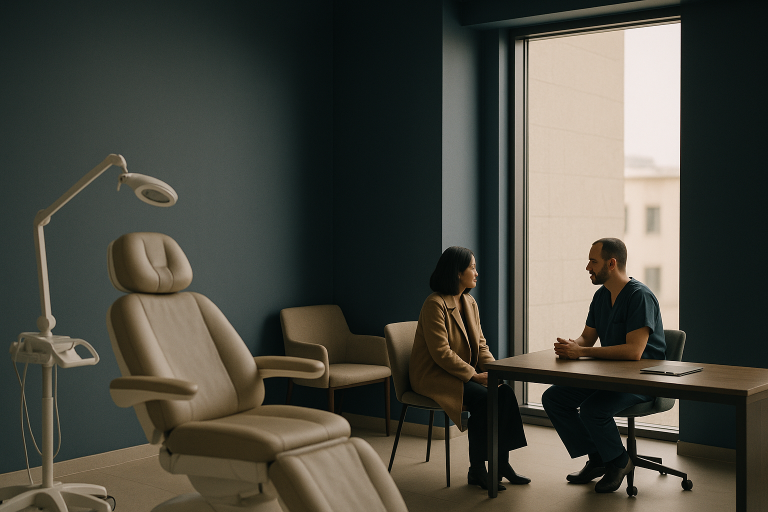 Modern hair transplant clinic consultation room for women in Turkey, illustrating hair replacement procedures.