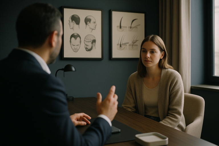 Hair transplant clinic consultation room with hair restoration diagrams.