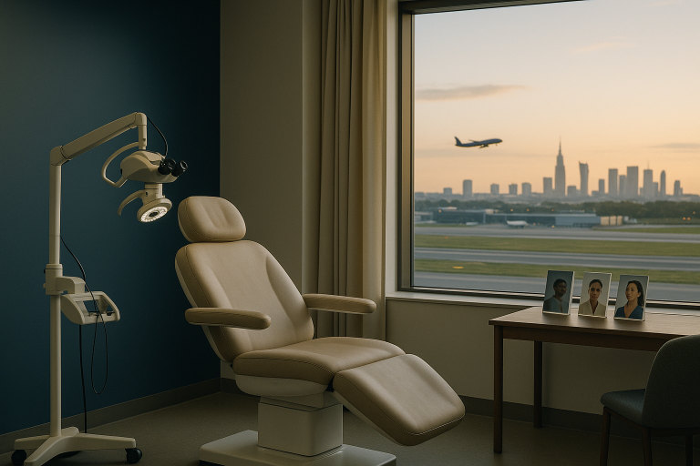 Modern hair transplant clinic with advanced equipment and consultation area.