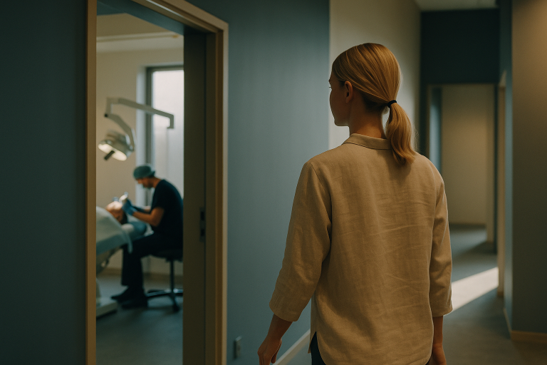 Doctor performing an eyebrow hair transplant in a modern cosmetic surgery clinic.
