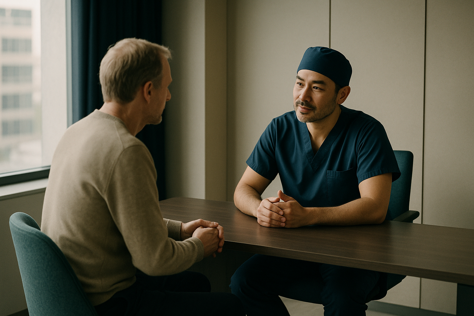 Surgeon consulting with a patient about hair transplant in an Istanbul clinic.