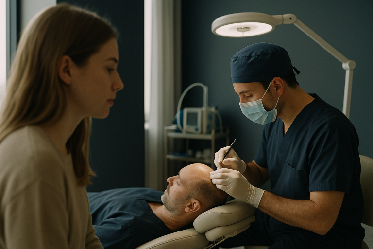 Hair transplant surgery being performed in a modern Istanbul clinic.