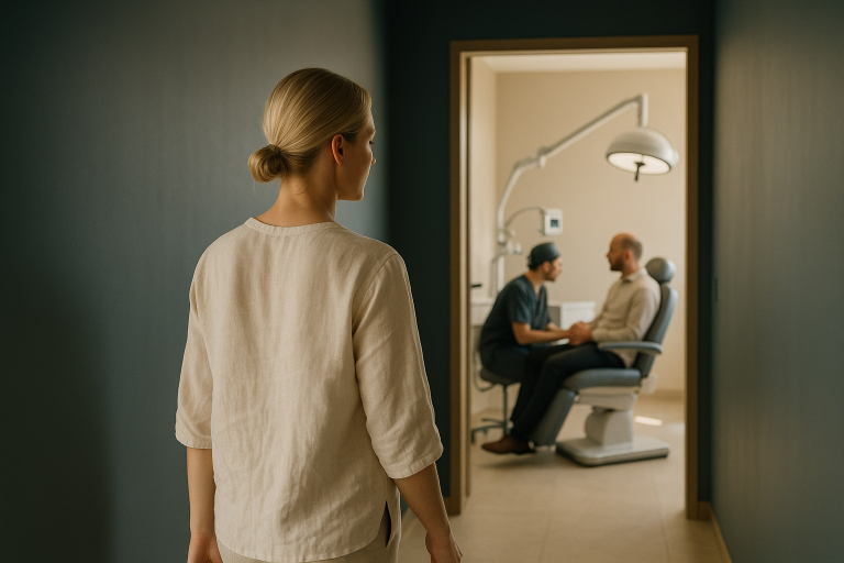 Modern hair transplant clinic in Istanbul with a patient consulting a surgeon.