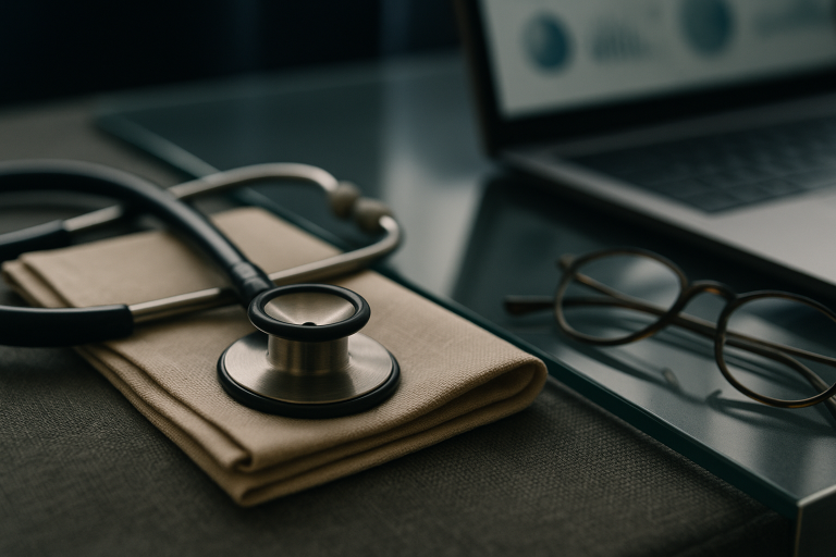 Healthcare advertising strategy session with analytics and planning.