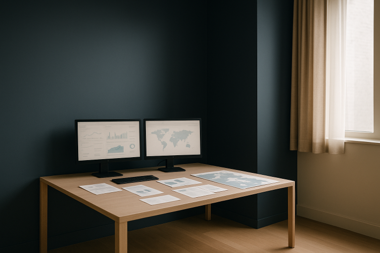 Executive workspace with computers displaying health care marketing analytics.