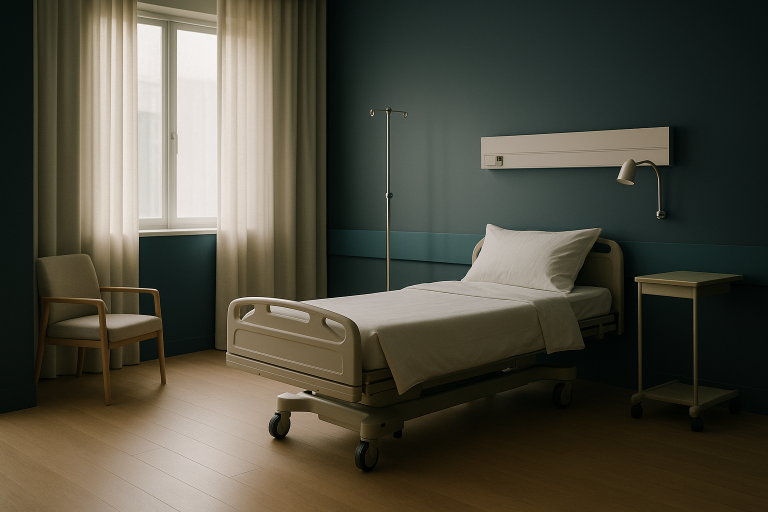 Healthcare tourism scene with international patients receiving treatment in a modern medical facility.