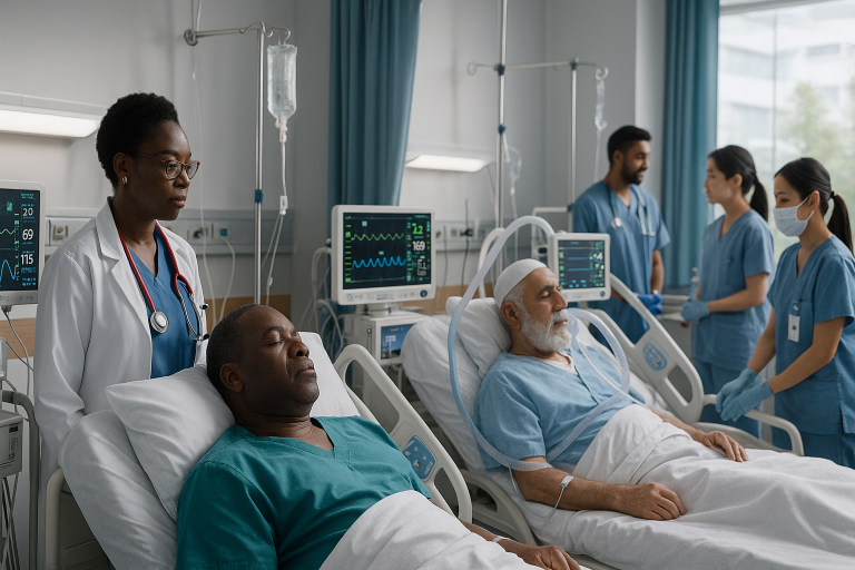 Modern hospital scene illustrating health tourism with international patients receiving care.