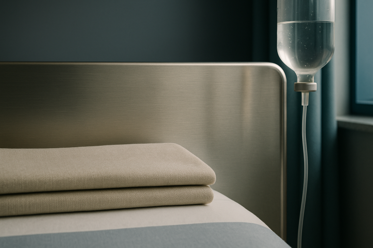 Health tourism scene with international patients receiving care in a modern hospital room.