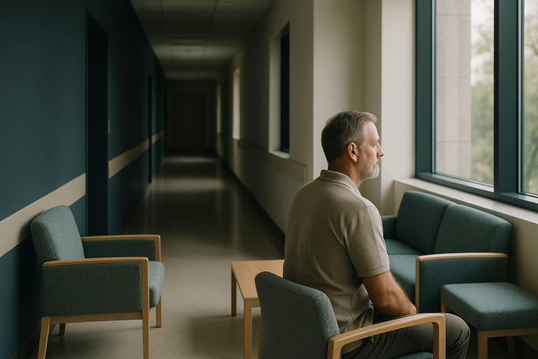 Health tourism in Canada in a hospital corridor with seating and natural light.