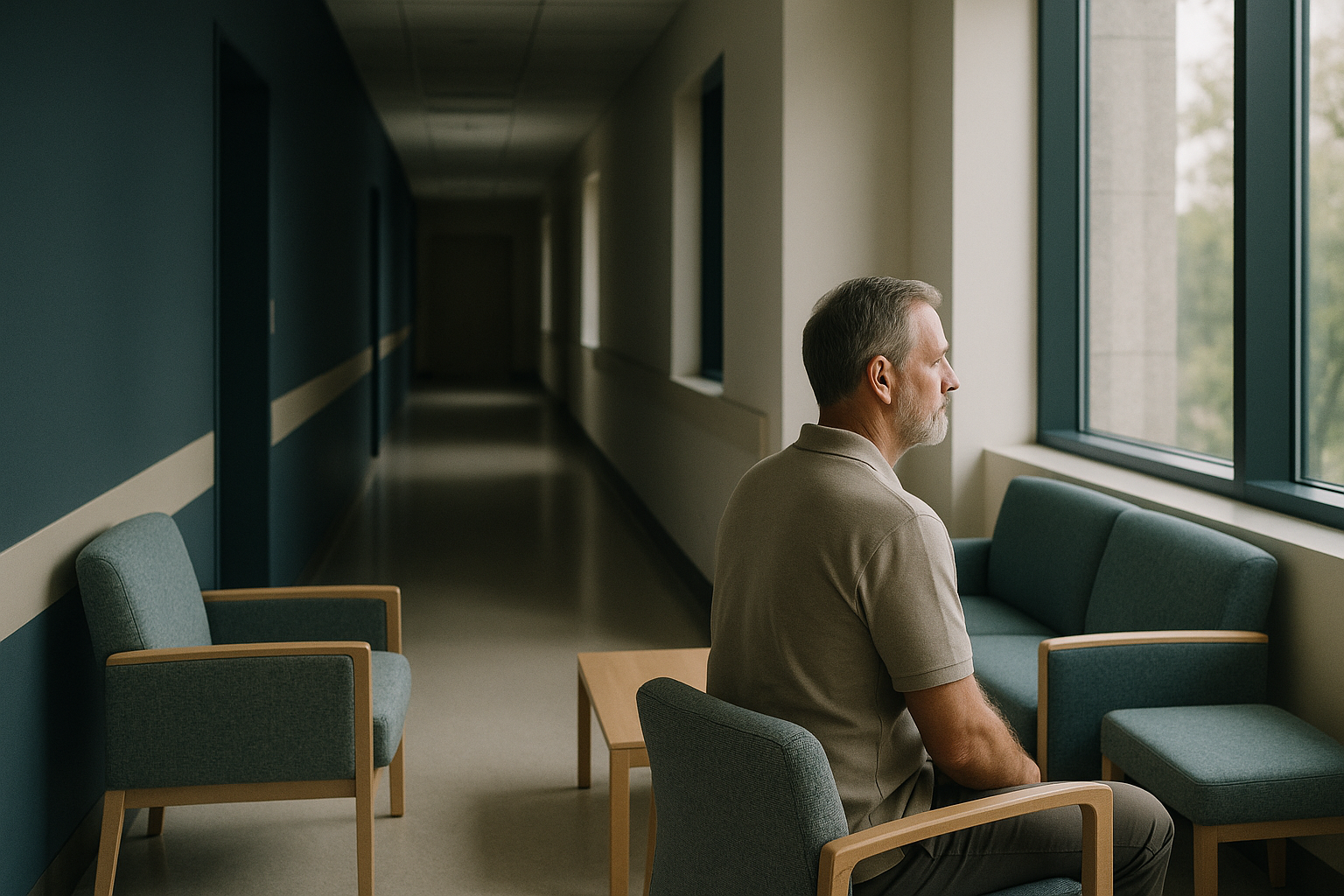 Health tourism in Canada in a hospital corridor with seating and natural light.