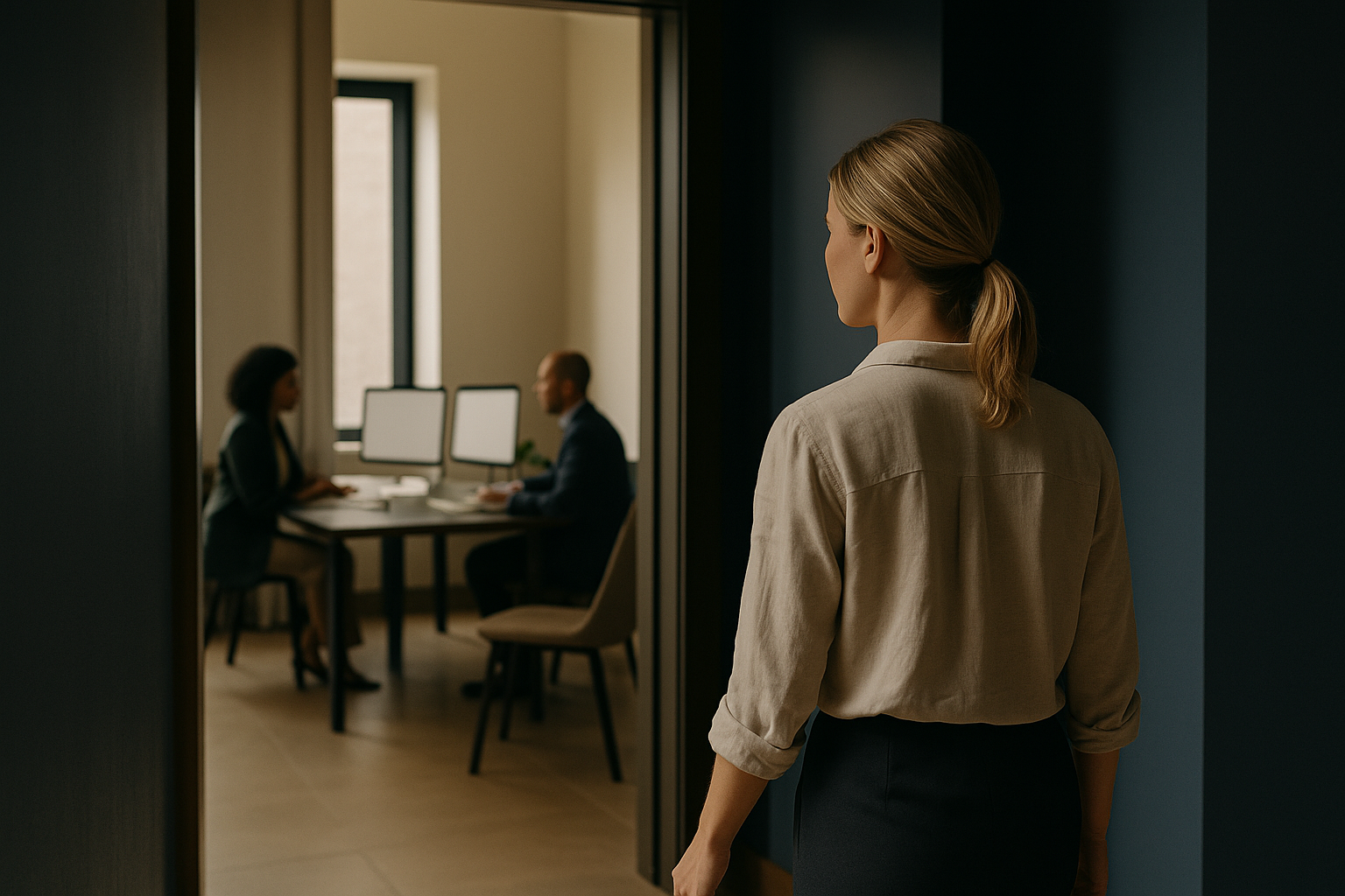 Healthcare advertising strategy session in a modern executive workspace with blank screens.