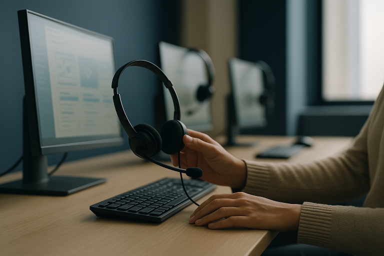 Healthcare call center agents using software to enhance patient interaction services.