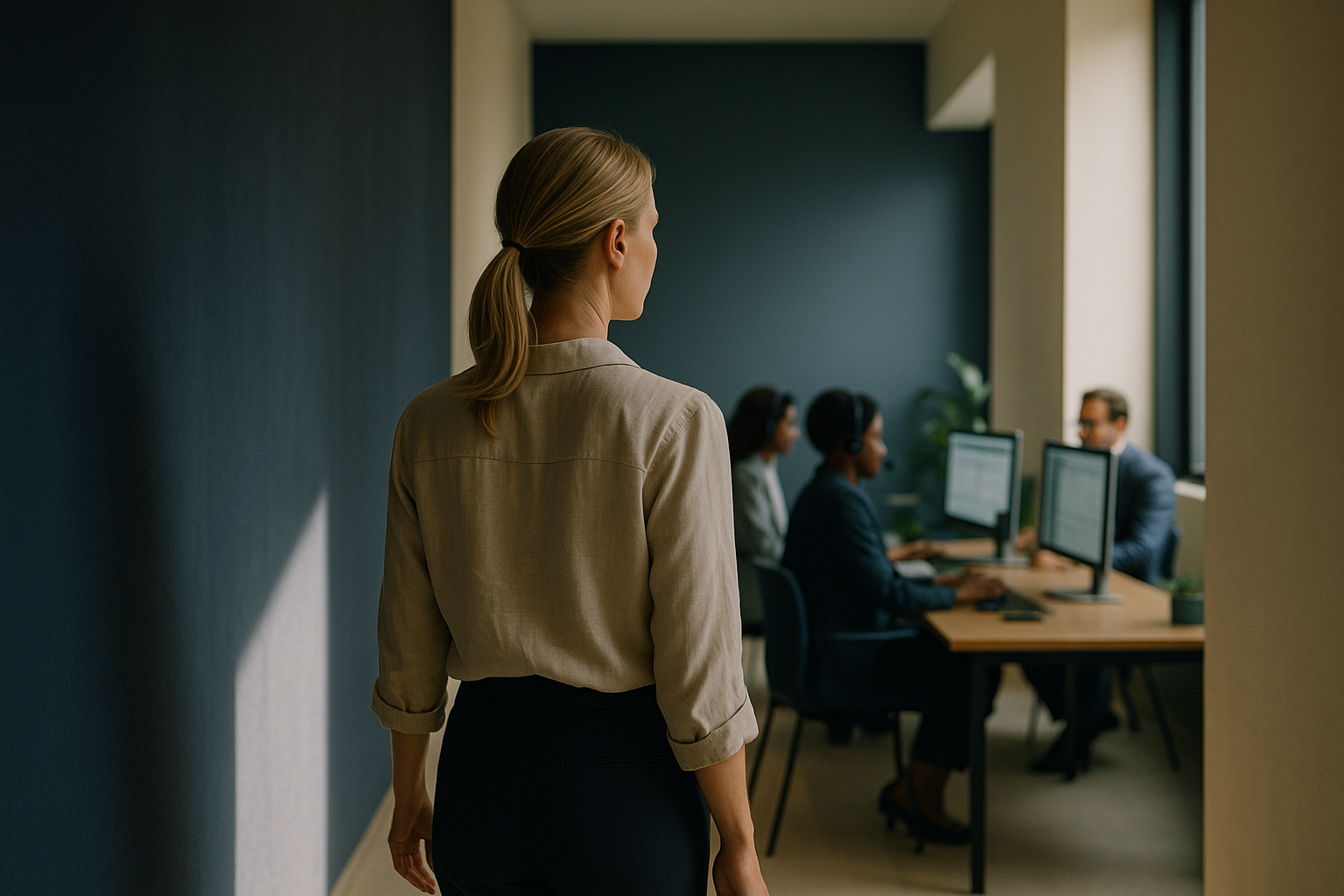 Healthcare call center software in use at a modern executive workspace.