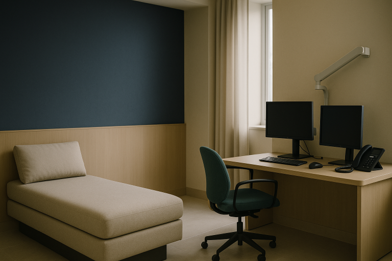 Healthcare contact center with staff handling patient inquiries, featuring healthcare contact center software and communication equipment.