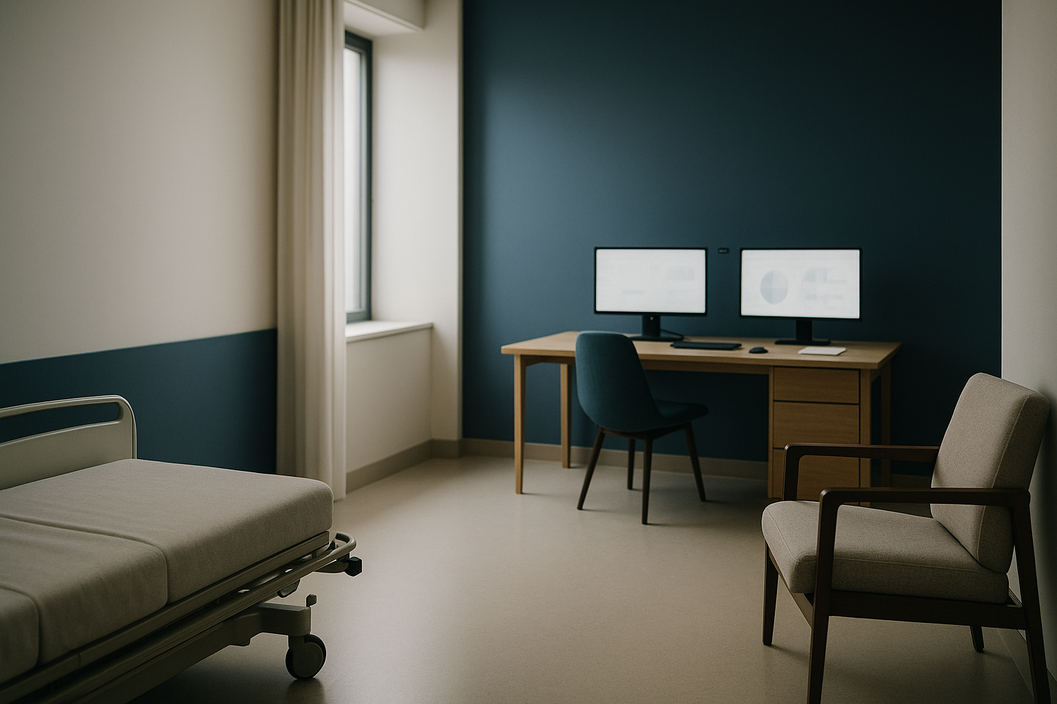 Healthcare content marketing strategy discussion in a modern executive workspace.
