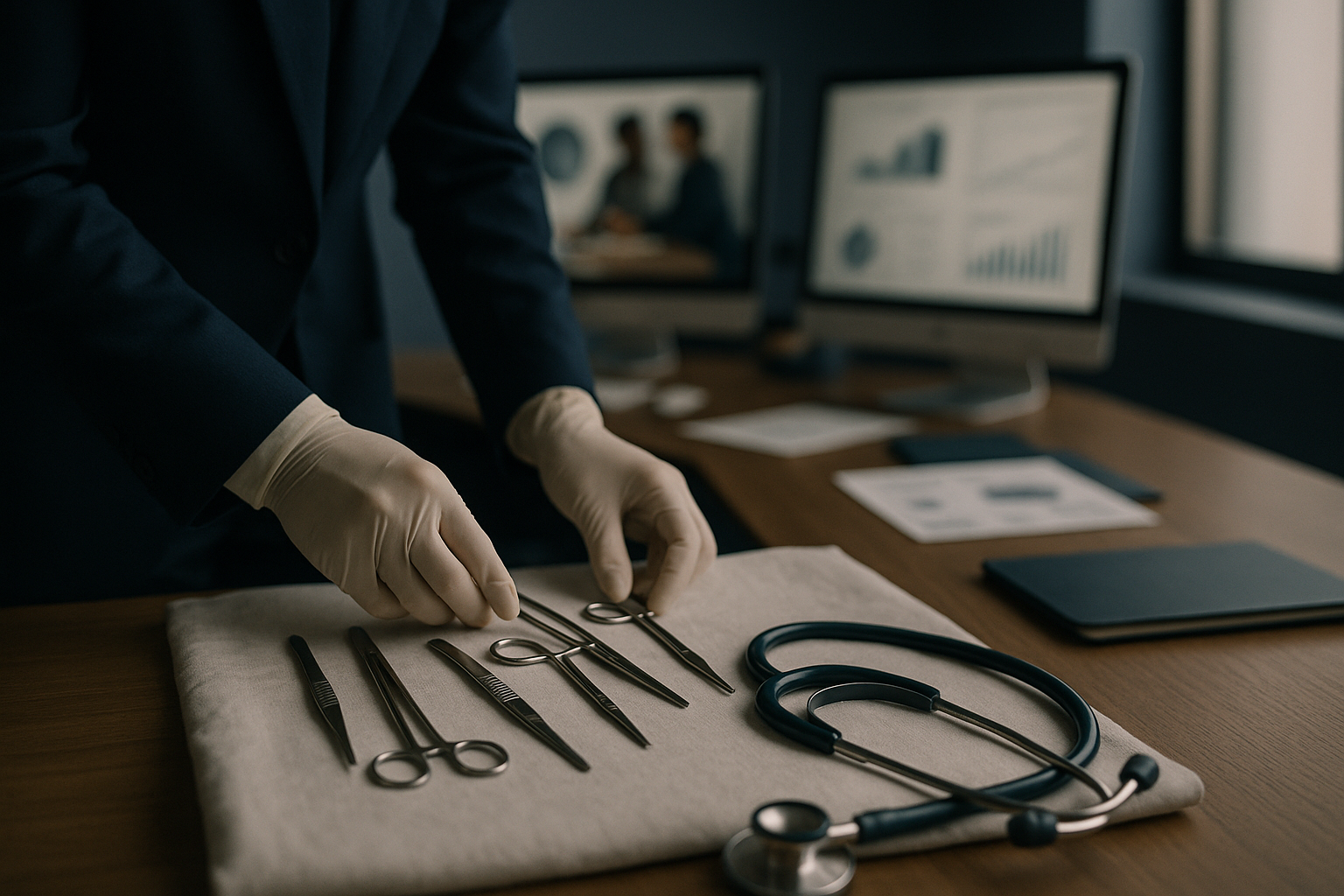 Healthcare lead generation company workspace with marketing dashboards and strategy discussion.