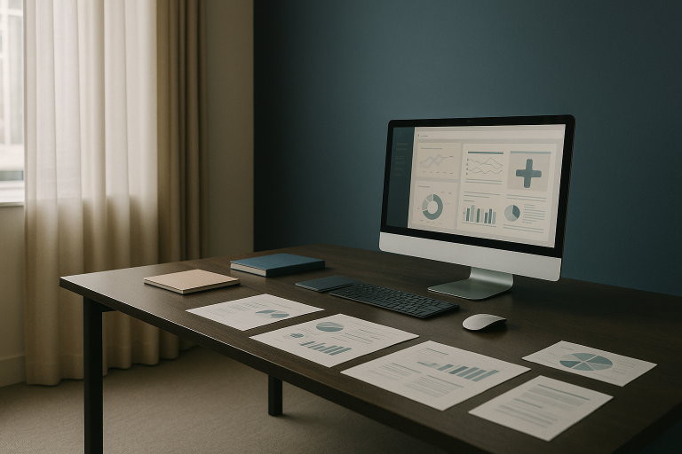 Healthcare marketing consulting strategy session in a modern executive workspace.
