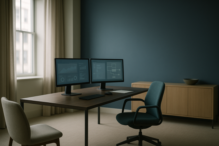 Executive workspace showcasing healthcare marketing ideas with analytics dashboards and marketing strategy documents.