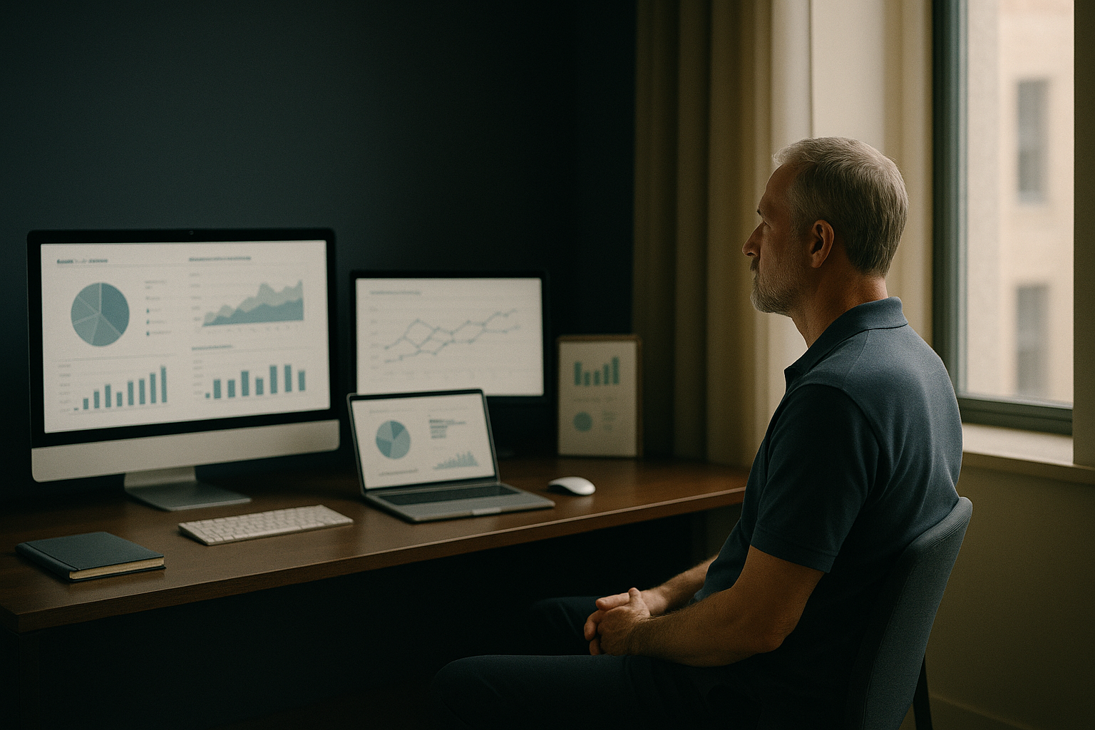 Healthcare marketing news displayed on a modern executive workspace with computers and analytical charts.