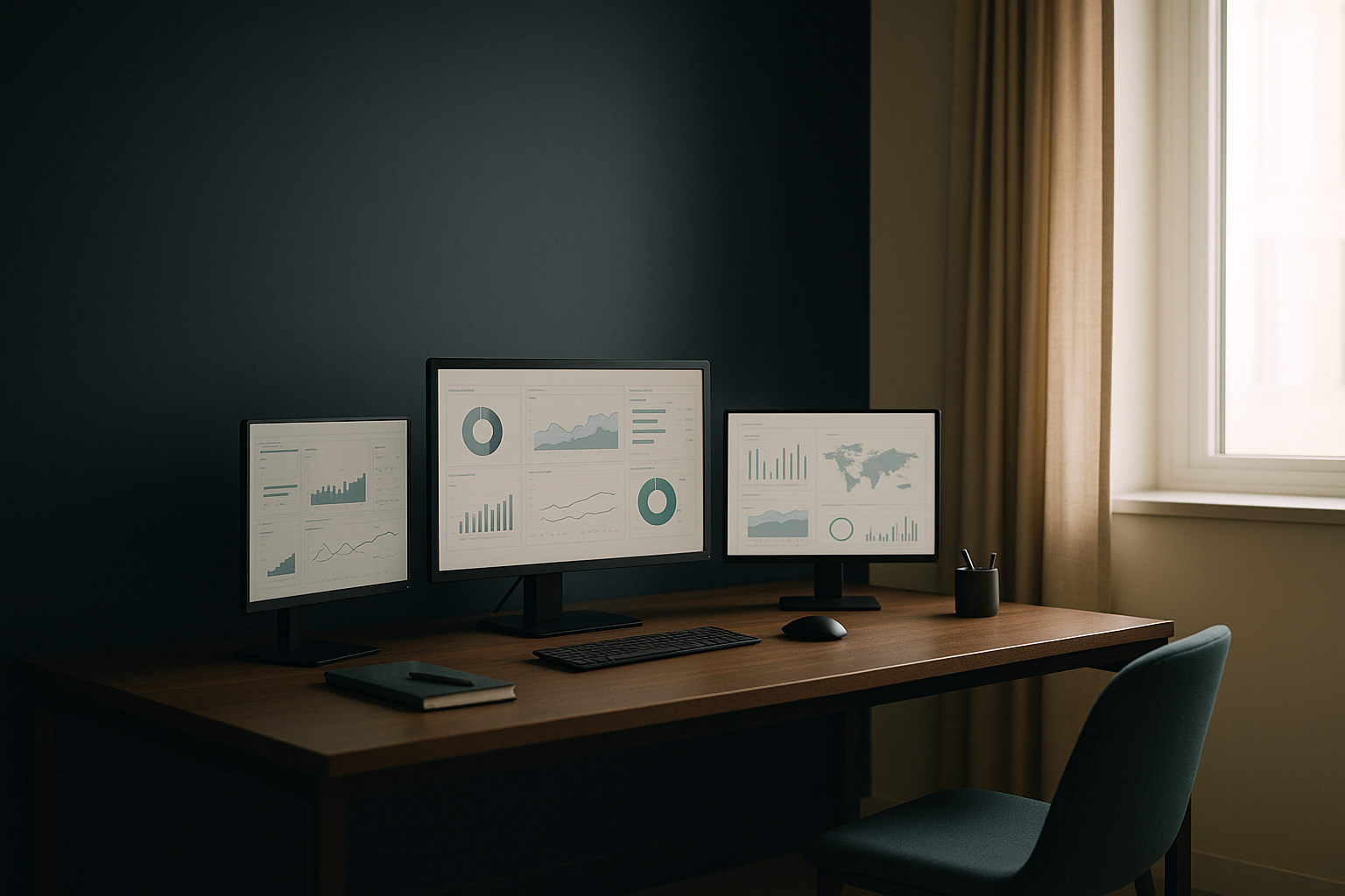 Modern executive workspace with screens displaying a healthcare marketing plan in action.