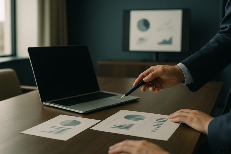 Healthcare marketing services being discussed in a modern executive workspace with a strategist and healthcare executives.