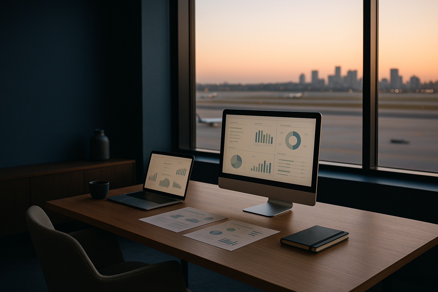 Healthcare marketing strategy tools and analytics on screens in an executive workspace.
