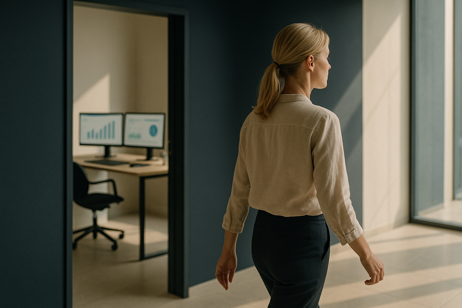 Healthcare marketing strategic planning in a modern executive workspace with software screens.
