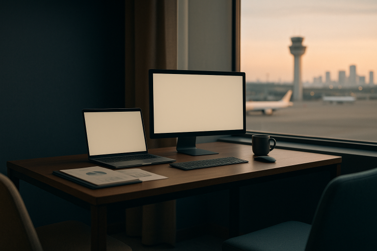 Modern workspace featuring healthcare marketing trends and data analytics on screens.