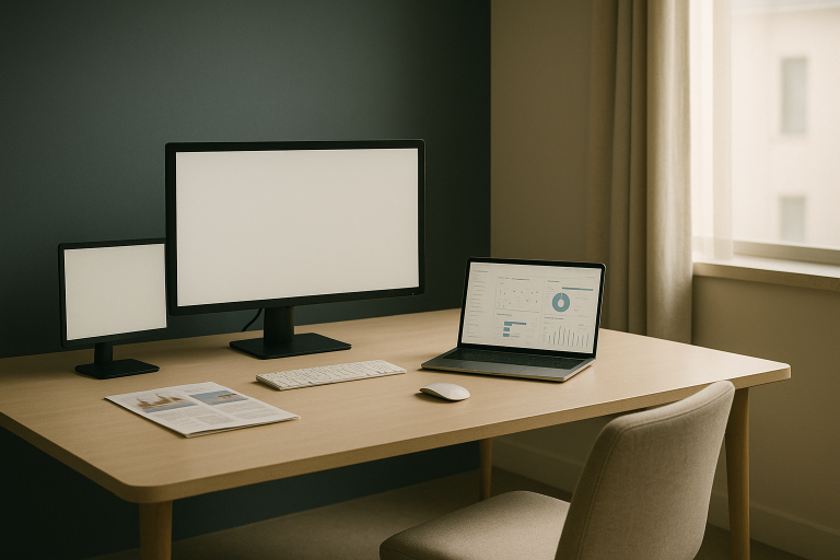 Healthcare sales lead generation analytics displayed on screens in a modern executive workspace.
