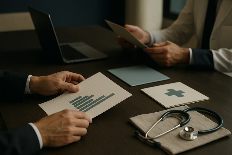 Healthcare sales leads strategy meeting in a modern executive workspace.