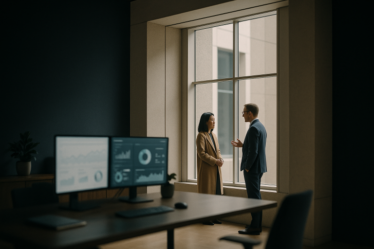 Healthcare SEO company executive workspace with analytical data on screens.