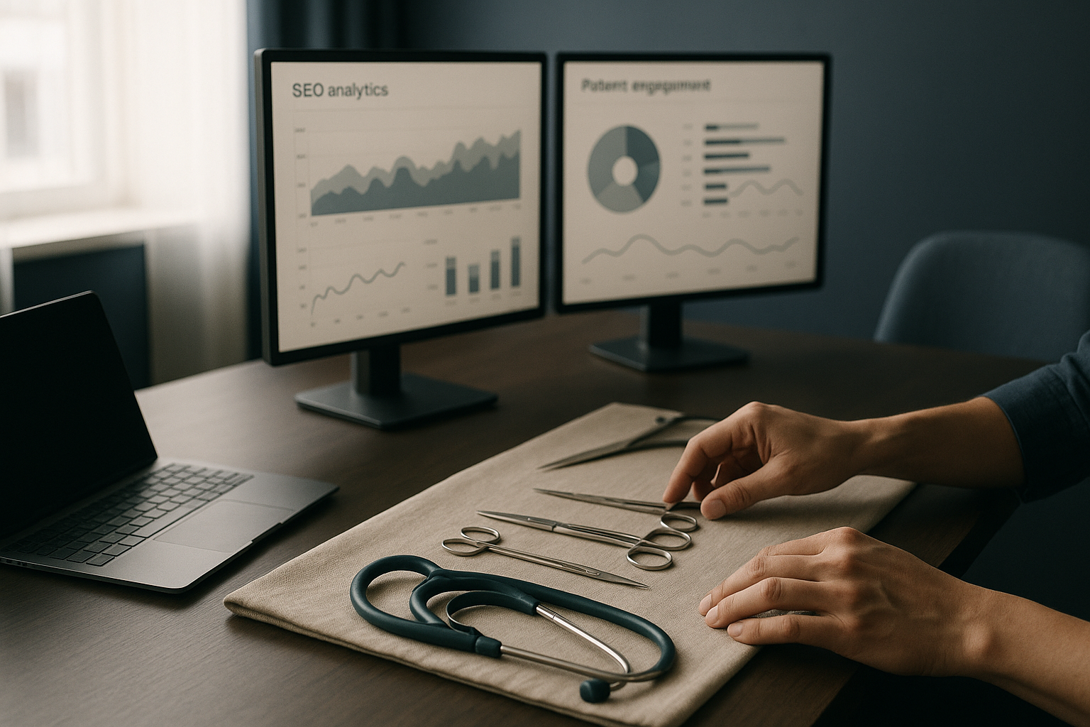 Healthcare SEO consultant workspace with SEO analytics and patient engagement metrics on screens.