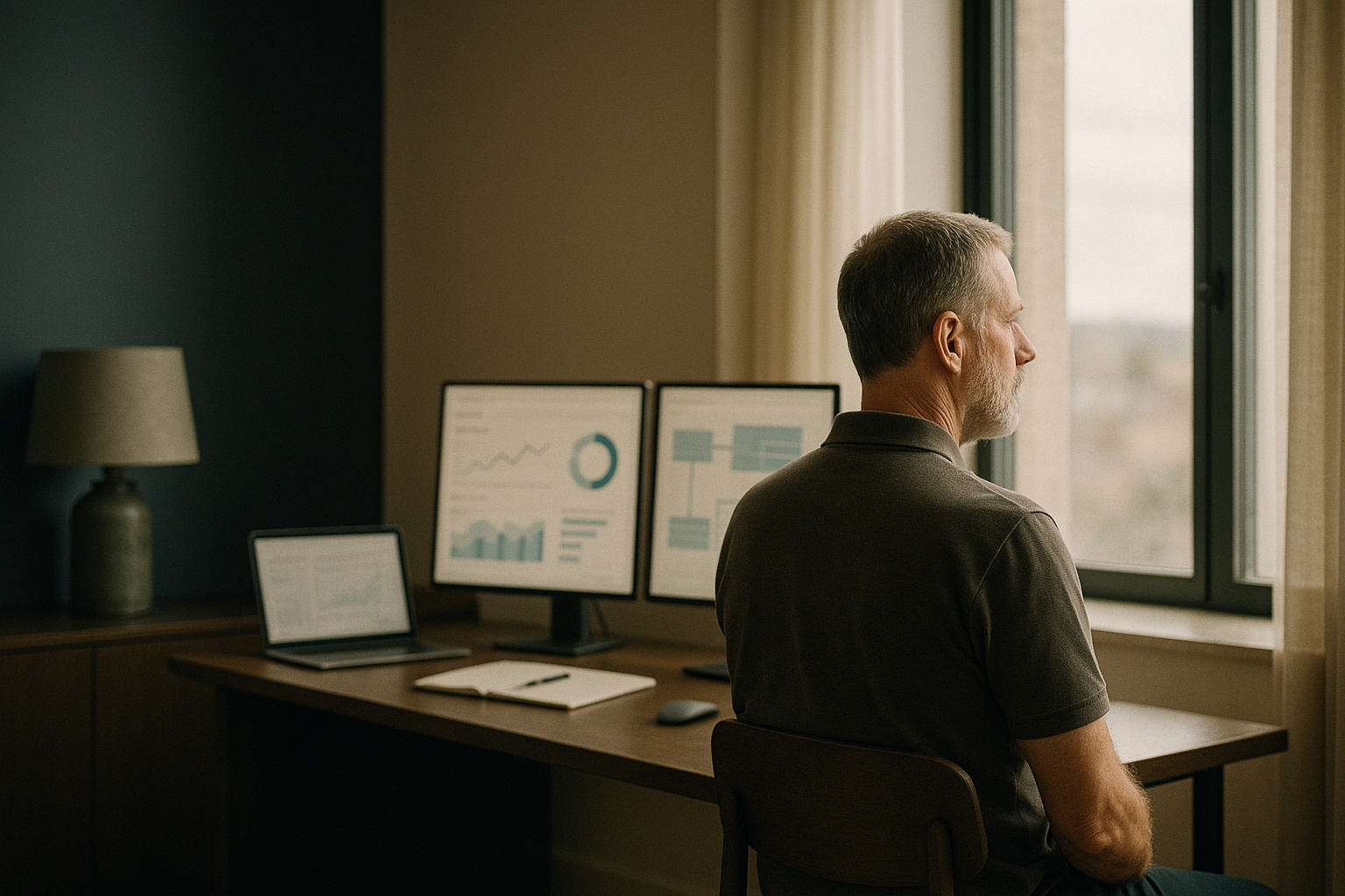 Healthcare SEO services discussion in a modern executive workspace with digital marketing software on screens.