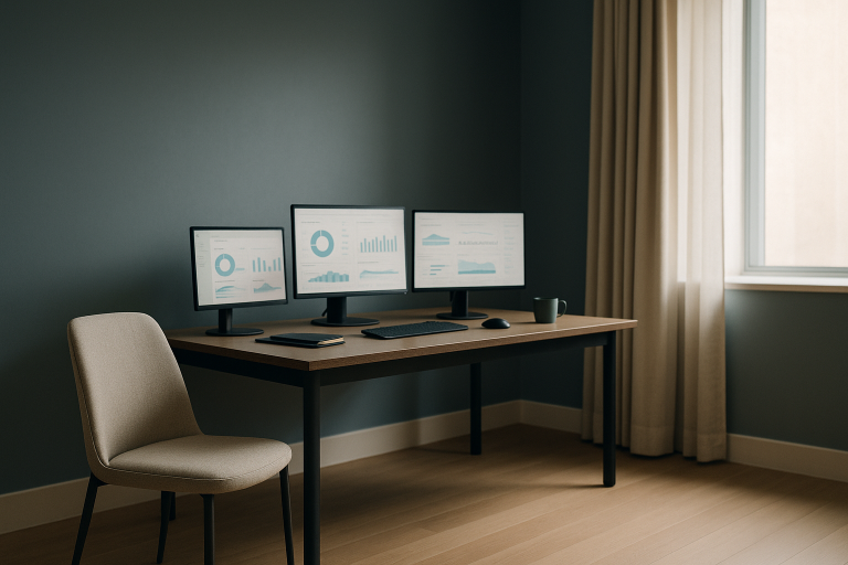 Healthcare strategies discussion in a modern executive workspace with analytics on screens
