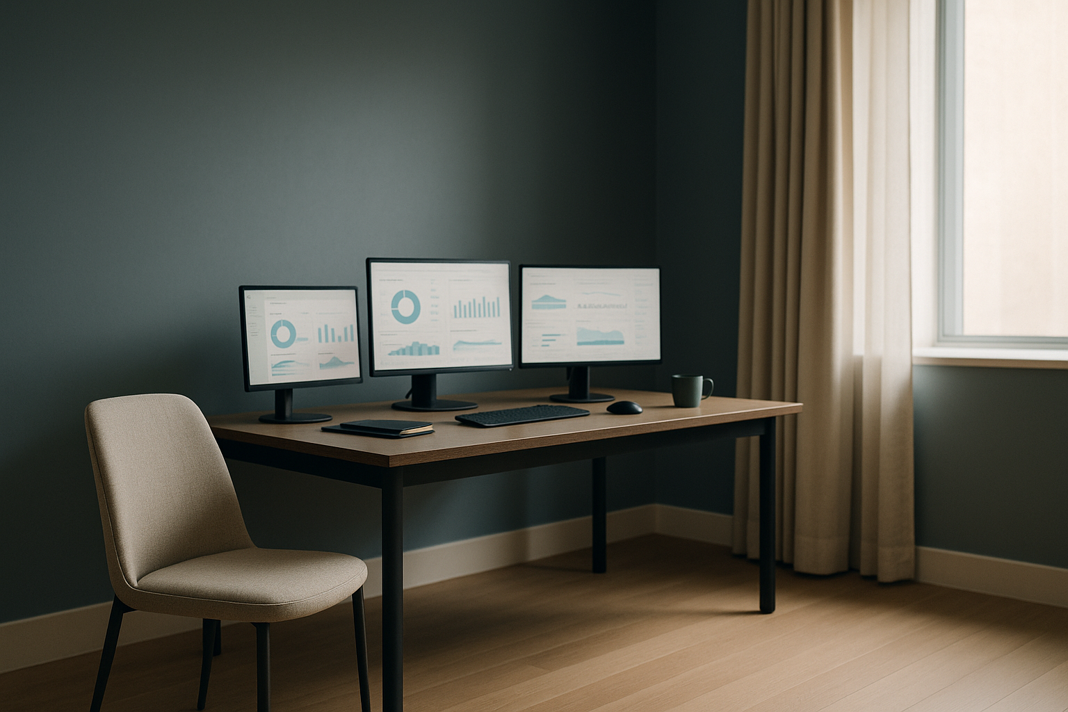 Healthcare strategies discussion in a modern executive workspace with analytics on screens