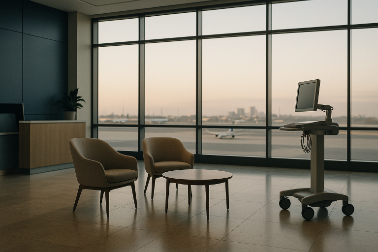 Healthcare tourism setting in a modern international hospital with diverse patients and staff.