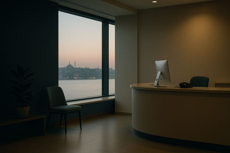 Multilingual support in Istanbul hospitals for international patients at a modern reception area.