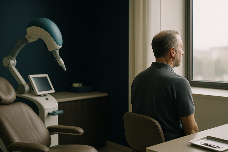 A patient consulting with a specialist about how hair grafts work in a modern medical clinic.