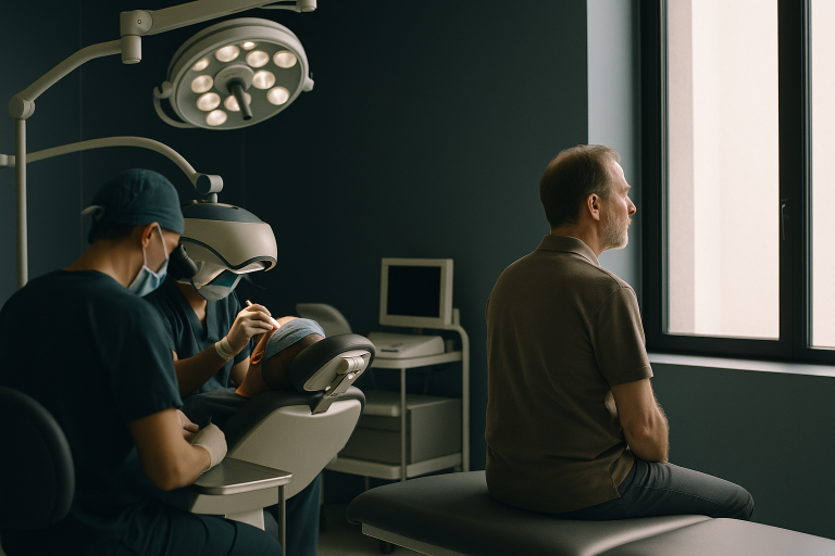 A surgeon performing hairline surgery in a modern operating theatre, illustrating how hairline surgery works.