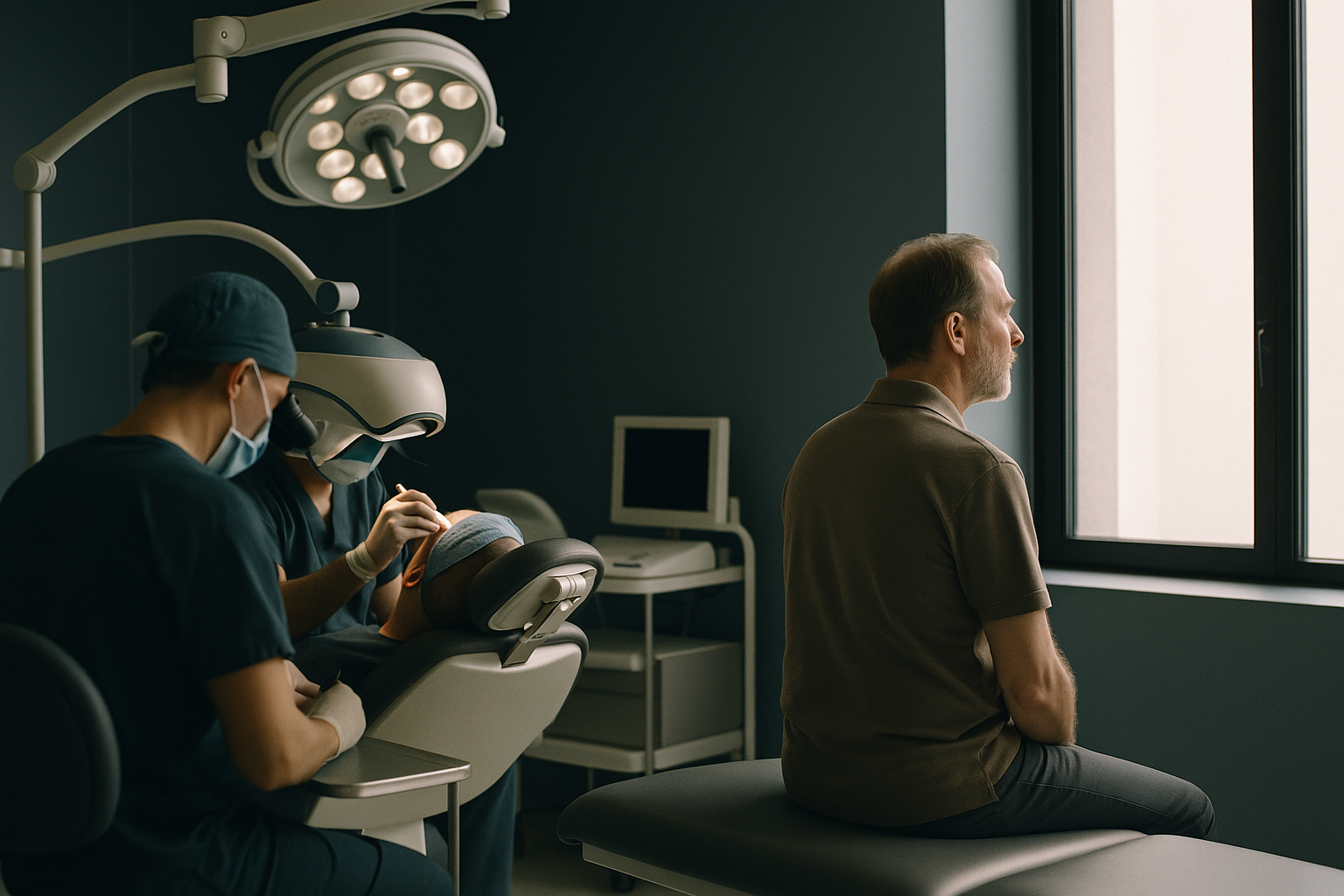 A surgeon performing hairline surgery in a modern operating theatre, illustrating how hairline surgery works.